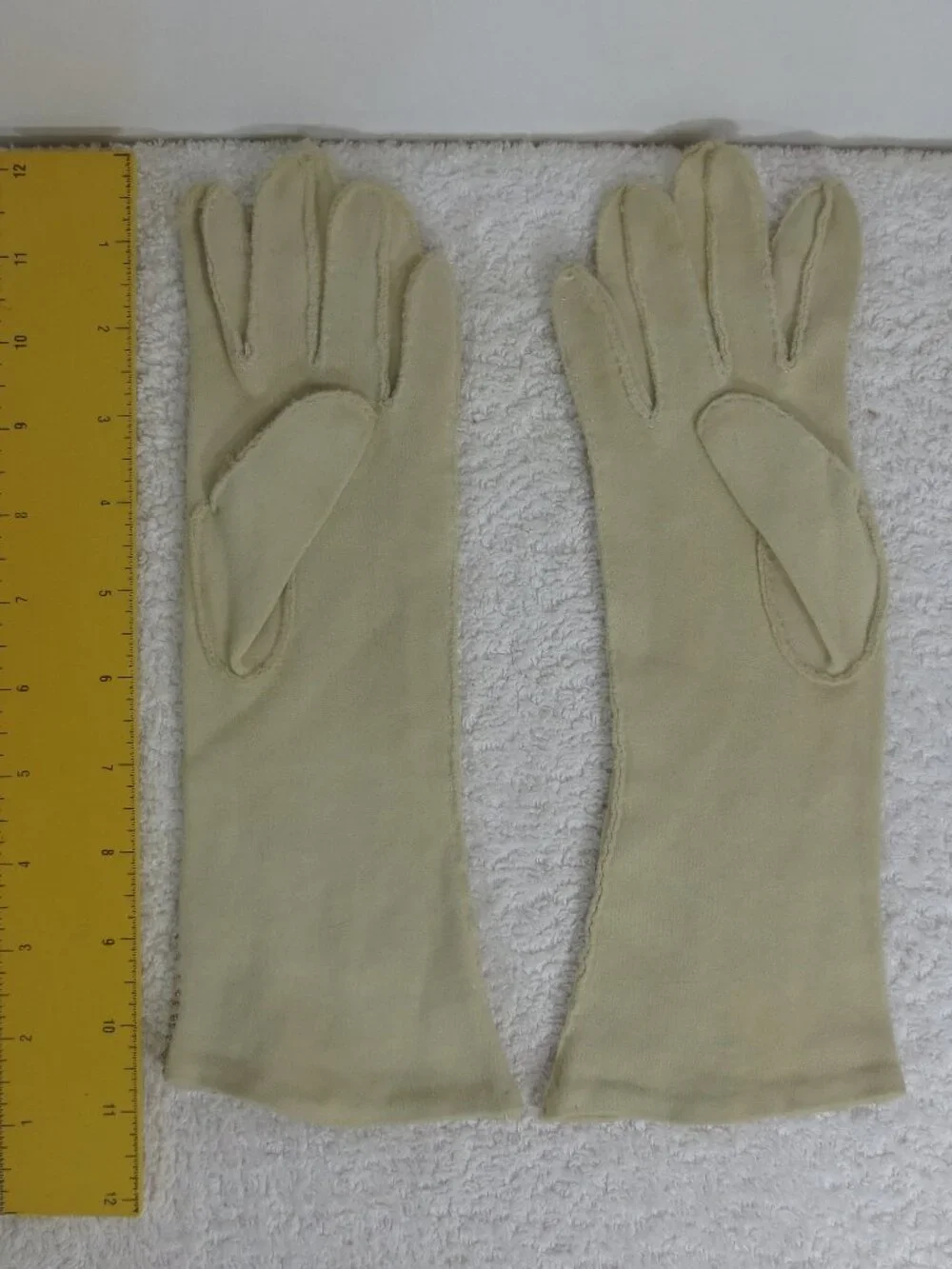 Vintage Gloves Beige Elegant Pearl Beaded 100% Cotton 11 Inch Women's Size 6.5